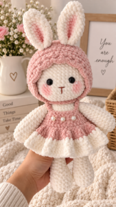 Cute Bunny Crochet Pattern: A Soft Chenille Plush in a Sweet Green Dress
