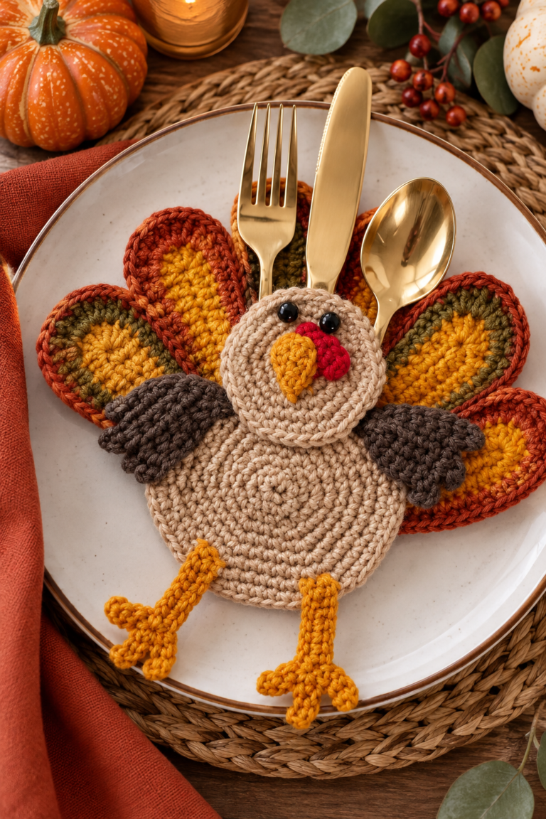 Let&rsquo;s Talk Turkey Silverware Holder: A Charming Crocheted Place Setting for Thanksgiving