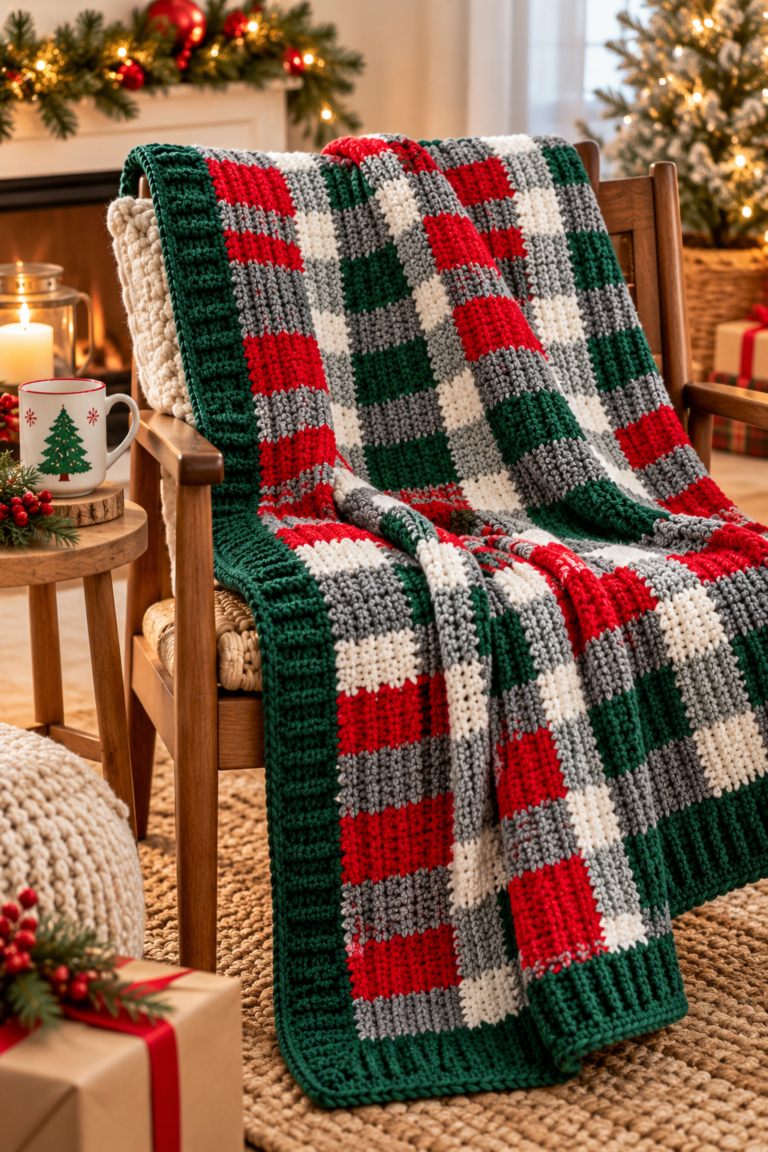 Easy Crochet Christmas Plaid Throw Pattern &ndash; A Cozy Red, Green & Gray Holiday Blanket