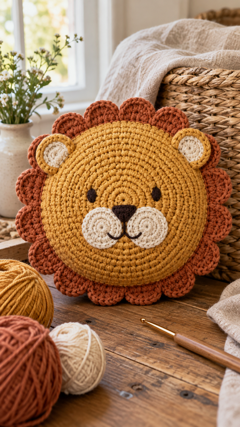 Crochet a Little Lion Face Pillow: A Cozy Round Cushion With a Scalloped Mane