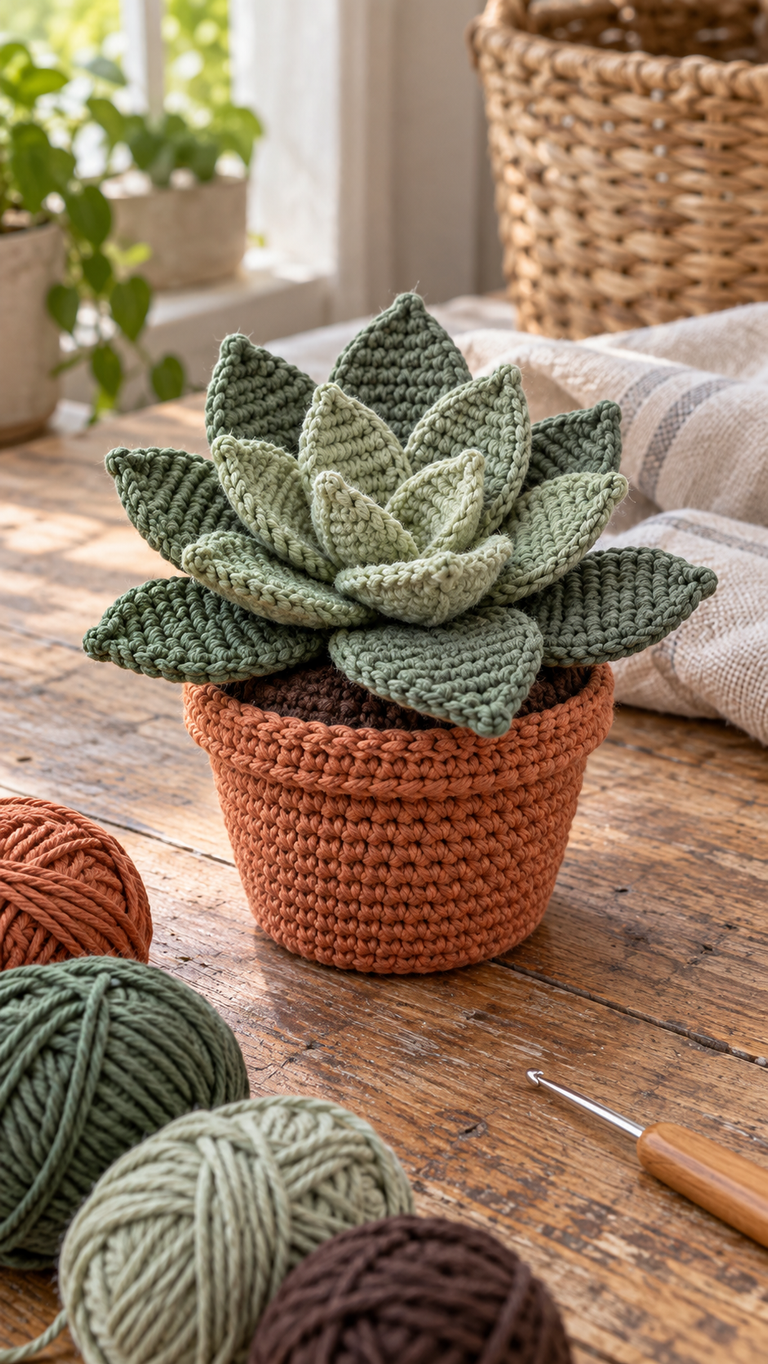 Crochet a Mini Potted Succulent: A Cozy Cotton Plant With Layered Sage Leaves
