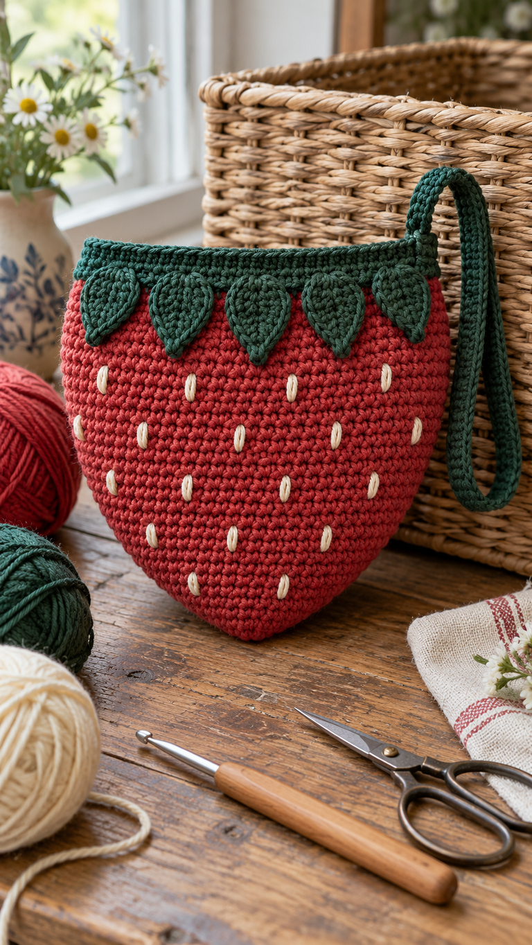 Crochet a Sweet Strawberry Wristlet: A Little Bag With Leaf Trim and Embroidered Seeds