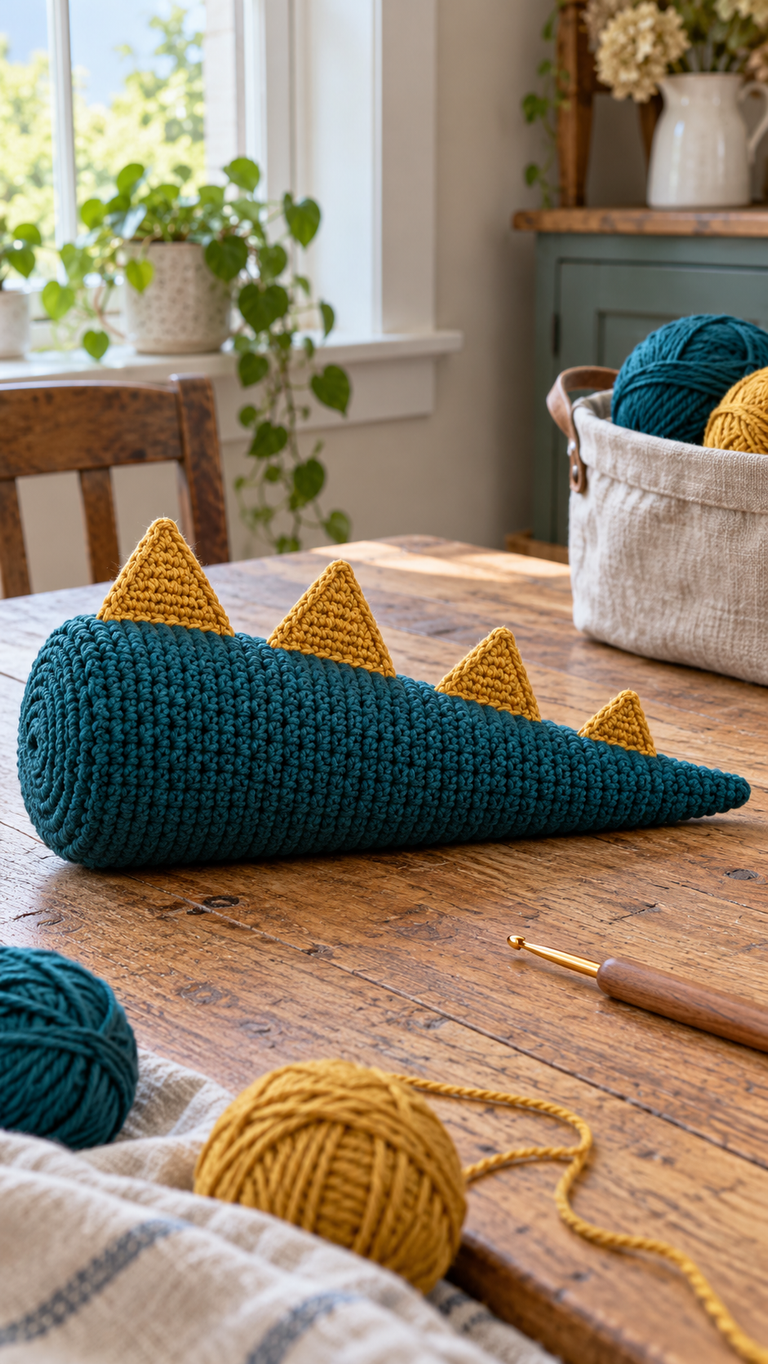 Crochet a Cozy Dinosaur Tail Pillow: A Teal Cushion With Soft Mustard Spikes