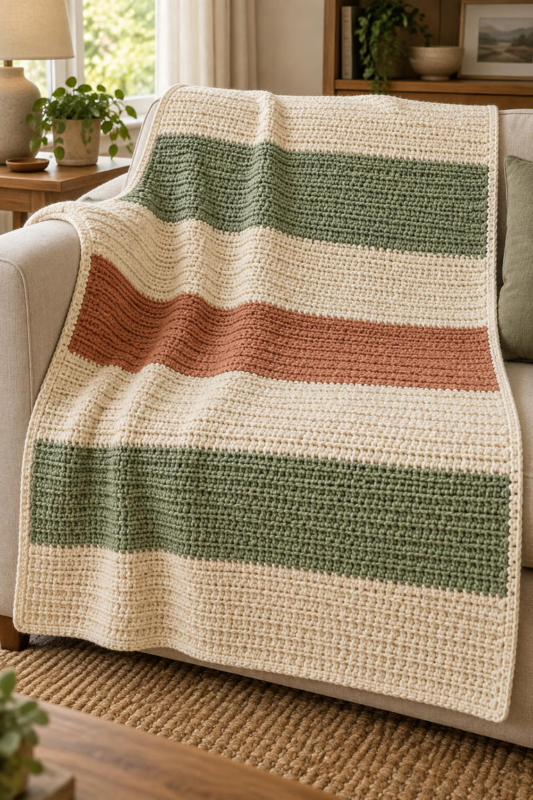 Earth Stripe Crochet Throw: A Cozy Ribbed Blanket in Cream, Sage, and Clay