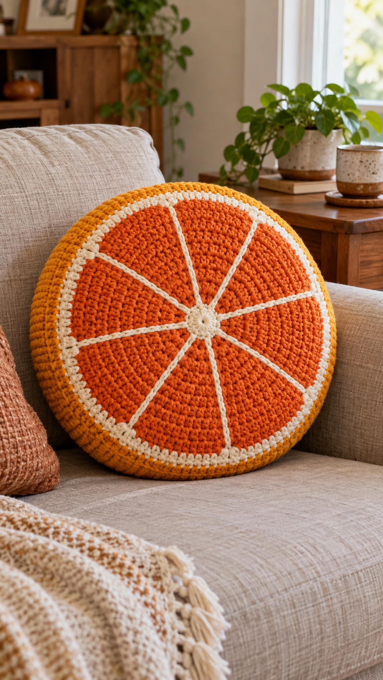 Sunshine Citrus Crochet Pillow: A Cheerful Orange Slice for Your Sofa