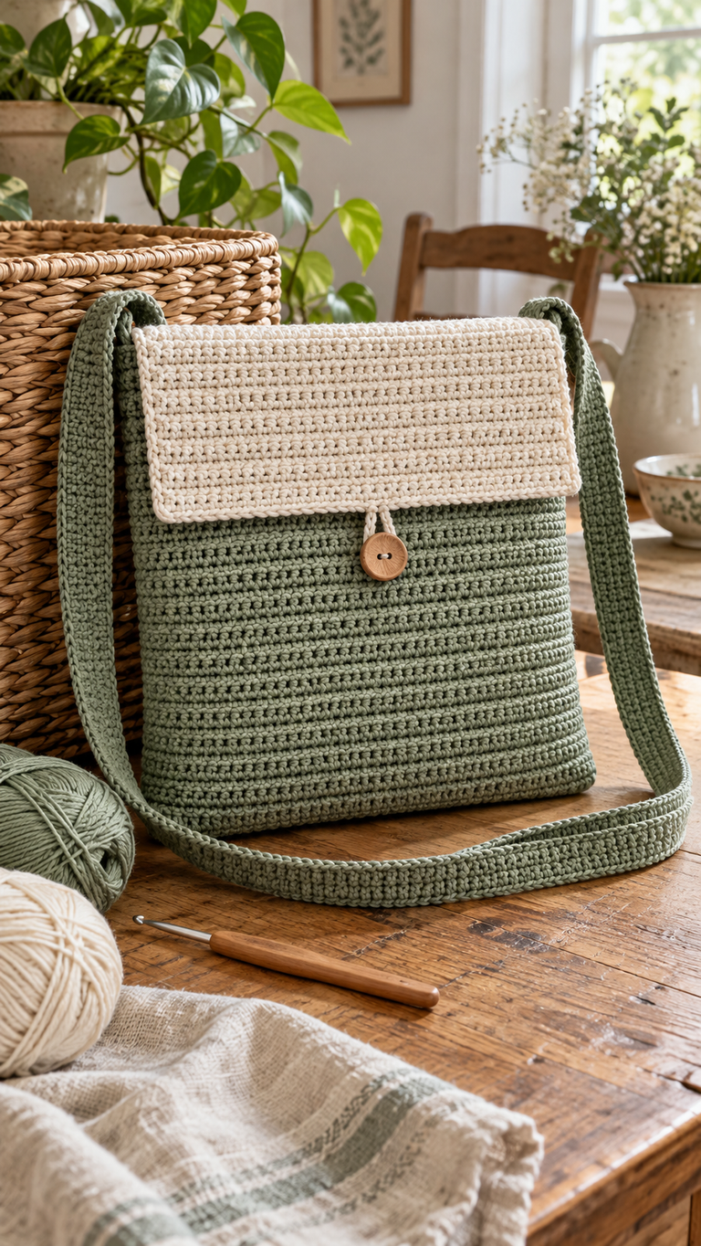 Crochet a Cozy Sage Crossbody Bag: A Ribbed Satchel With a Cream Flap