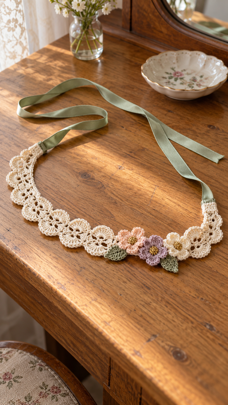Meadow Flower Crochet Headband: Delicate Lace, Soft Blooms, and Satin Ties