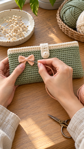 Sage Bow Crochet Pouch: A Pretty Little Case With a Cream Closure Tab