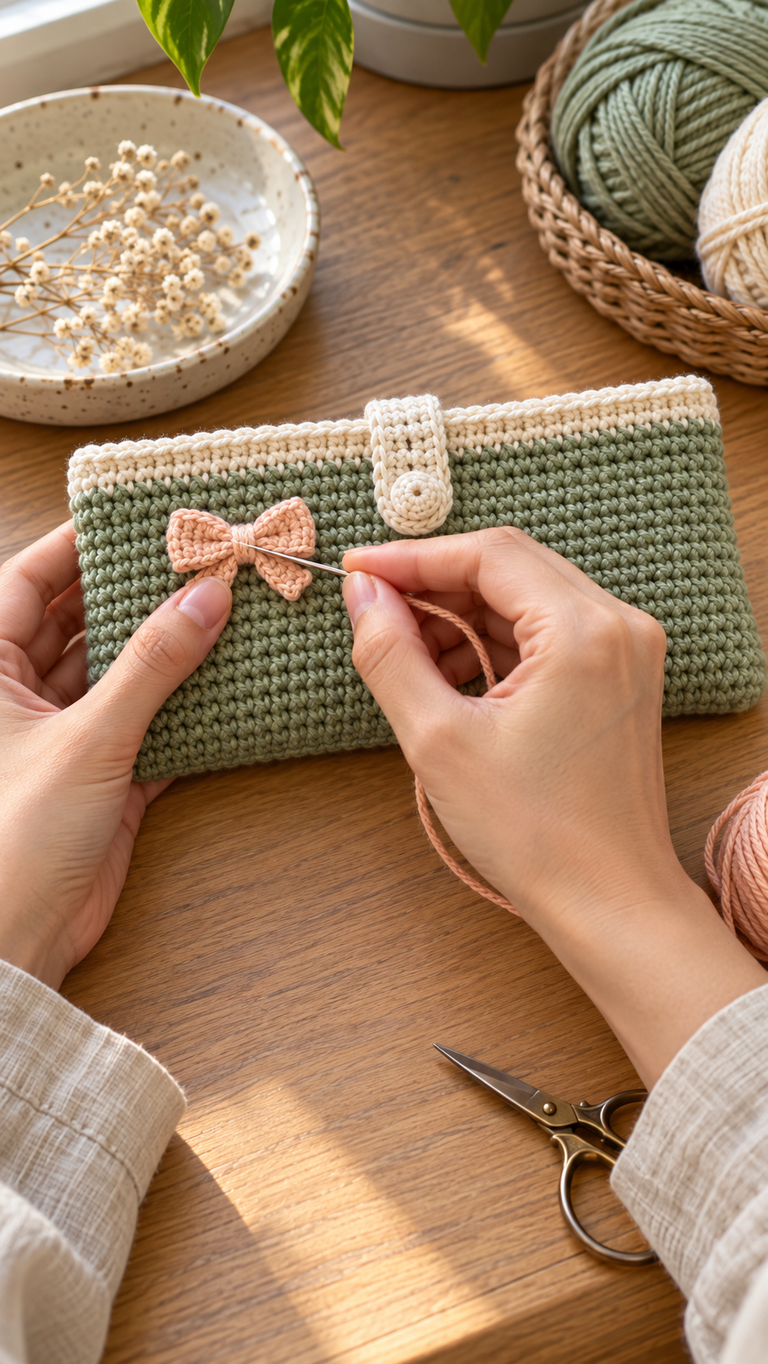 Sage Bow Crochet Pouch: A Pretty Little Case With a Cream Closure Tab