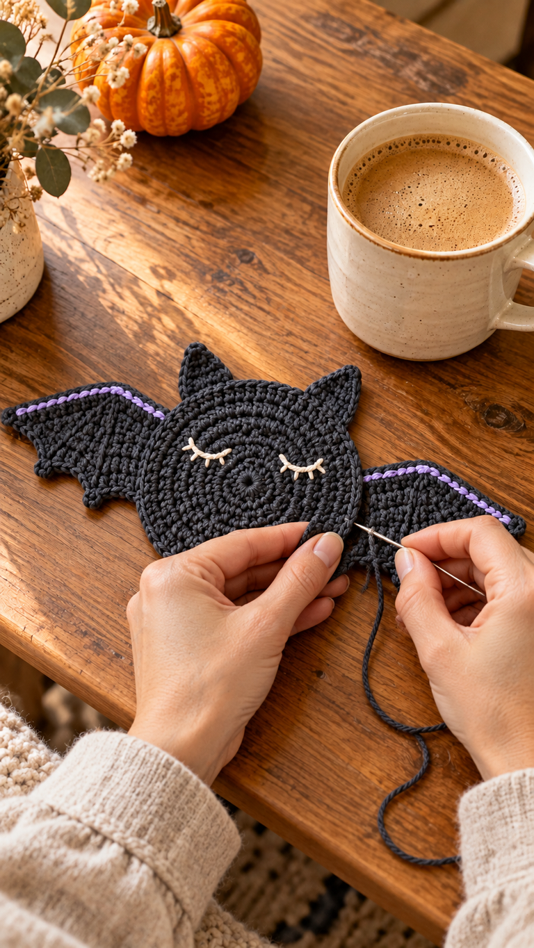 Sleepy Bat Crochet Mug Rug: A Little Halloween Character for Your Coffee Table